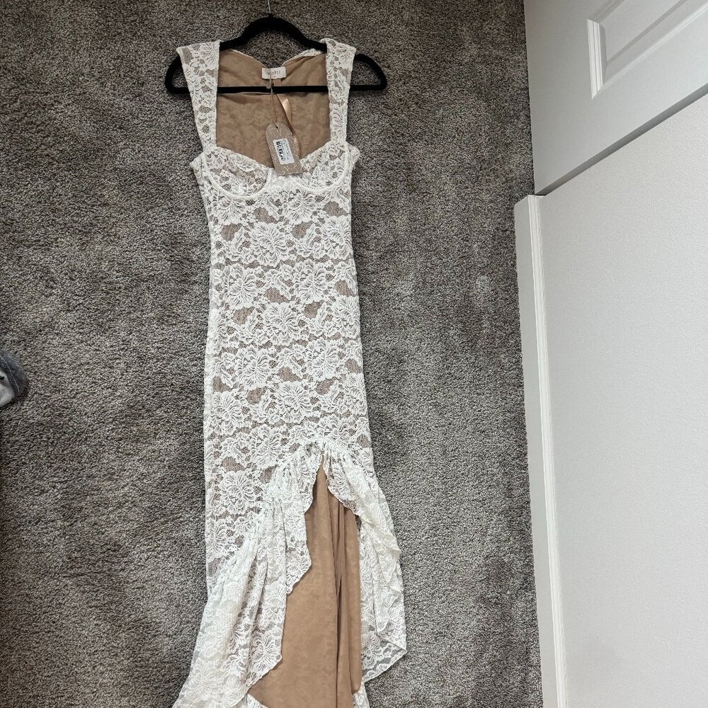 MESHKI - Elda Lace Plisse Maxi Dress - Ivory Elda Lace Plisse Maxi Dress - Ivory
